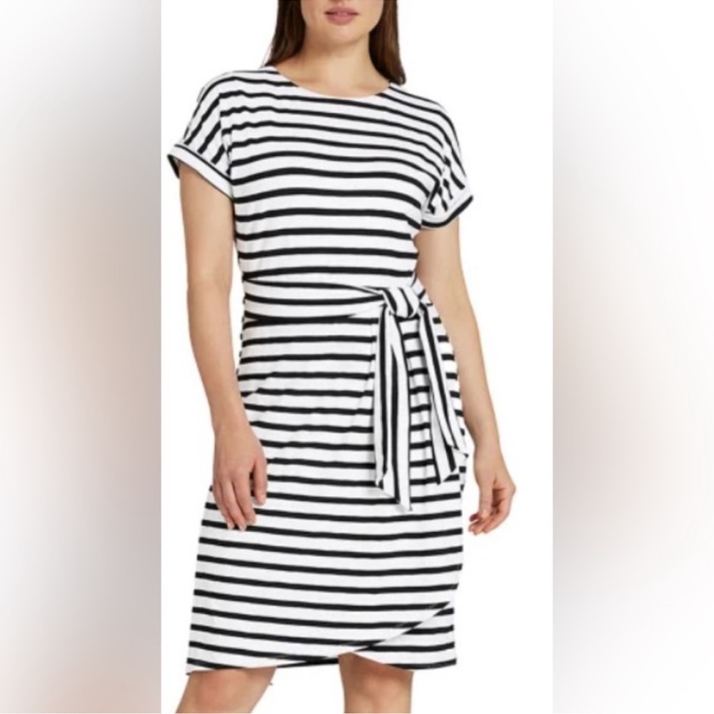 NWT Chaps large faux wrap black white stripe fully lined dress tie crewneck new